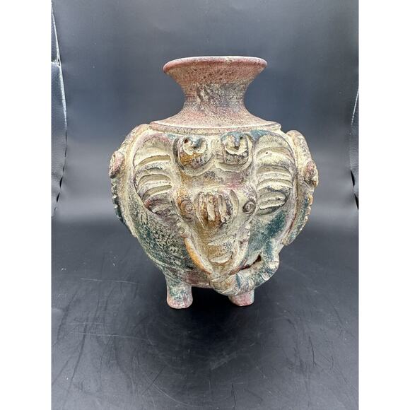 Decorative Terra Cotta Painted Pottery Elephant Vase 7 Inches Brown Green Red - Picture 3 of 9